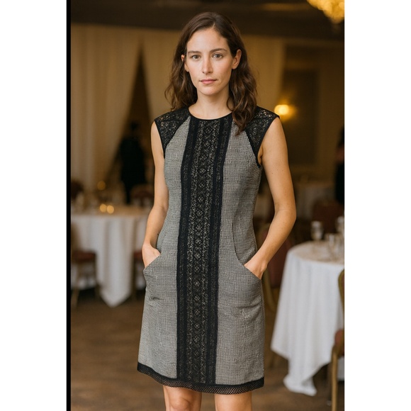 NANETTE LEPORE DRESS GINGHAM CHECK LACE SHEATH COCKTAIL PARTY FEMININE CHIC 6 - Picture 1 of 12